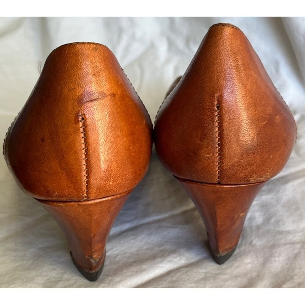 Vtg Leather Kitten Heel Brown Pumps Shoes Rustic Boho Stitch Accent Casual Wom 8 - Picture 3 of 13